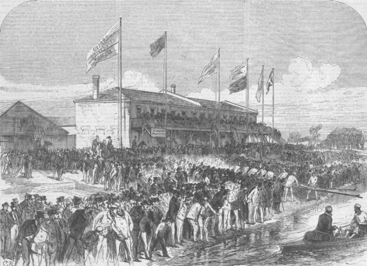 Cambridge putting their boat on the water, 1868.