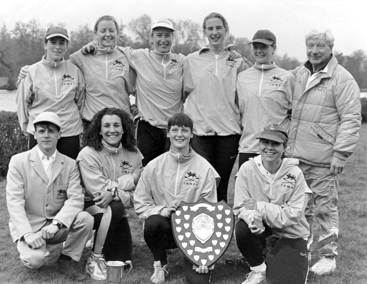 1995 Blue Boat crew with coach, Ron Needs.