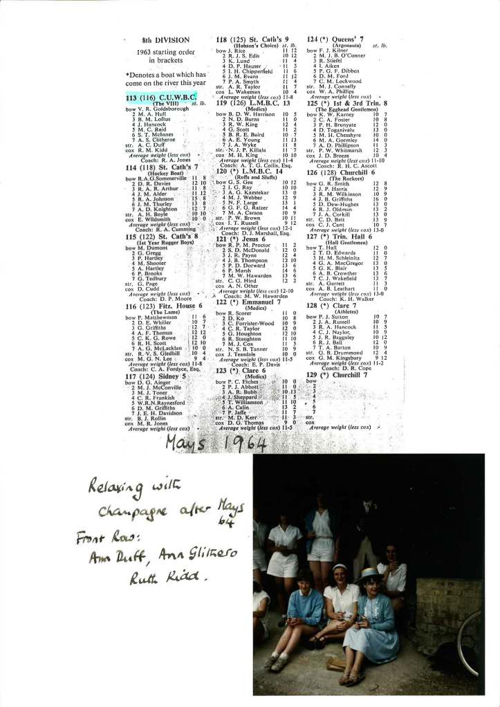 1964 crew list and photo of post-Mays drinks.