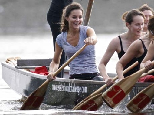 The then Kate Middleton showing a little more enthusiasm for sitting in a boat than her future husband pictured above. Paddling, of course, is not rowing.  