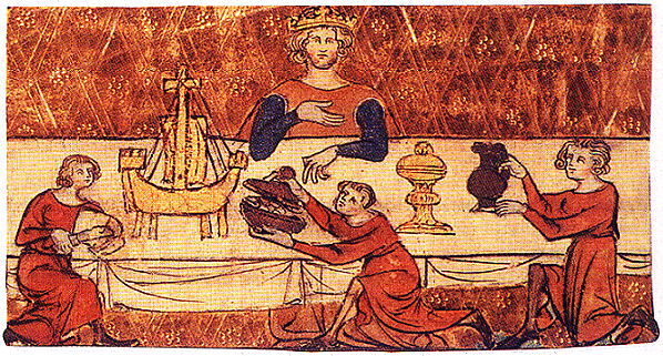 A picture of ‘a king dining alone’, from Walter Milemete’s De Secretis Secretorum of 1326 or 1327.  Kathryn says that this is probably meant to represent Edward. The table piece in the shape of a boat may have been for alms for the poor, salt or wine.