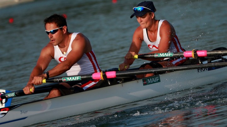 Stephane Tardieu (stroke) and Perle Bouge, France, in the mixed double in a heat at World Cup in Varese. Photo; www.worldrowing.com