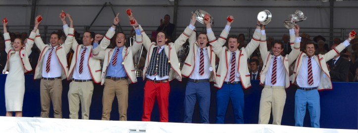 Pic 14. Thames hold up the Thames Cup for the first time in 81 years. Less importantly perhaps, coxswain Pidoux is one of the few women to successfully combine her club blazer into a stylish outfit.