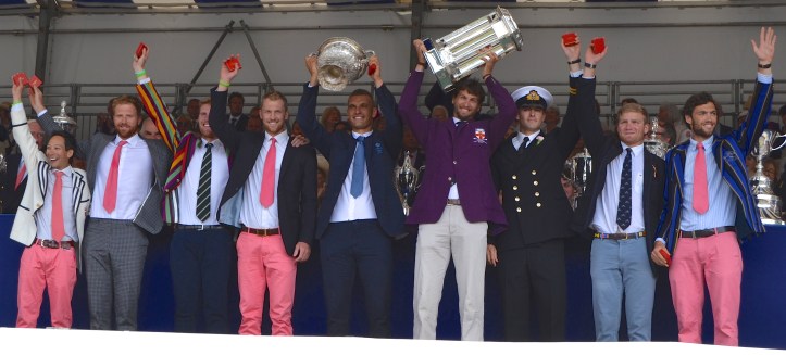Pic 4. Leander Club & Molesey Boat Club a.k.a. the GB Eight. The blazers are, from left to right, Phelan Hill - London Rowing Club, Will Satch - Top Shop?*, George Nash - Cambridge Archetypals, Alex Gregory - Marks & Spencer?*, Moe Sbihi - Team GB 2012 Blazer, Paul Bennett - University of London Purple, Pete Reed - Blue No. 1 dress, Lieutenant, Royal Navy, Stan Louloudis - Oxford Blue, Matt Gotrel - Nottingham Rowing Club. * Plus Leander tie.
