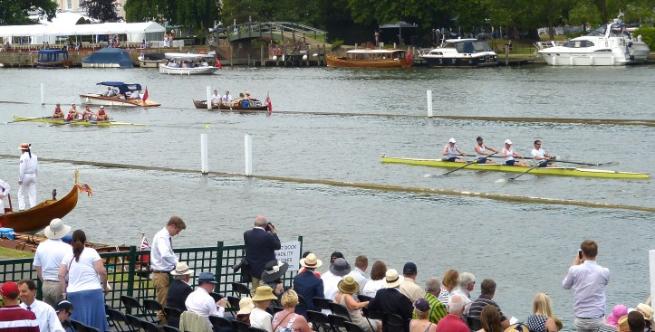 Pic 6 and 7. Two pictures of the Wyfold Challenge Cup race between Henley R.C. and N.S.R. Oslo. The crews clashed early and the umpire was forced to order a restart. Both crews were repeatedly warned for their steering. Henley took an early lead but Oslo pulled ahead in the second half of the course to win in 7:30 by three and a half lengths.