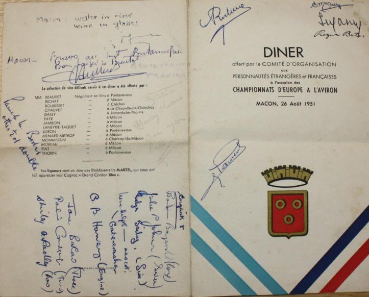 Pic: Menu signed by some members of the 1951 GB crew at Macon. Courtesy of the River & Rowing Museum.