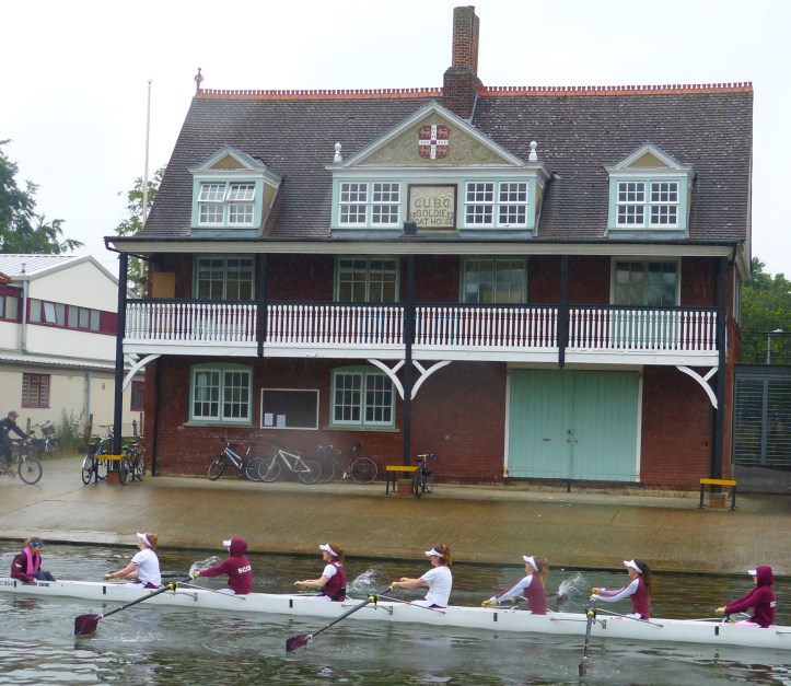 Pic 1. The Goldie Boathouse, the spiritual home of Cambridge University Boat Club (CUBC). Strictly speaking, it has no connection with the bumps, the peculiar form of boat racing in which a number of boats chase each other in single file, each crew attempting to catch and ‘bump’ the boat in front without being caught by the boat behind. All members of CUBC, Cambridge University Women’s Boat Club and the Cambridge University Lightweight Rowing Club row for their respective colleges during the Lent (in February) and May (in June) Bumps.