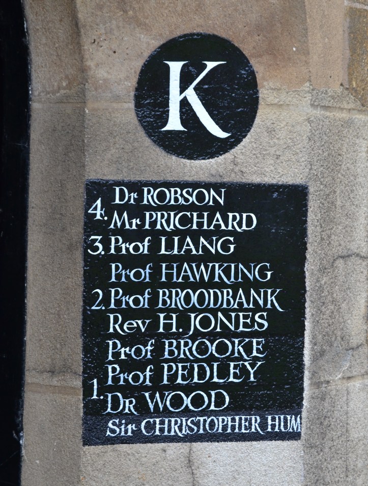 Pic 3. Brie is standing in the doorway of a ‘staircase’ in Caius College which houses the study of another ‘clever cox’, Professor Stephen Hawking.