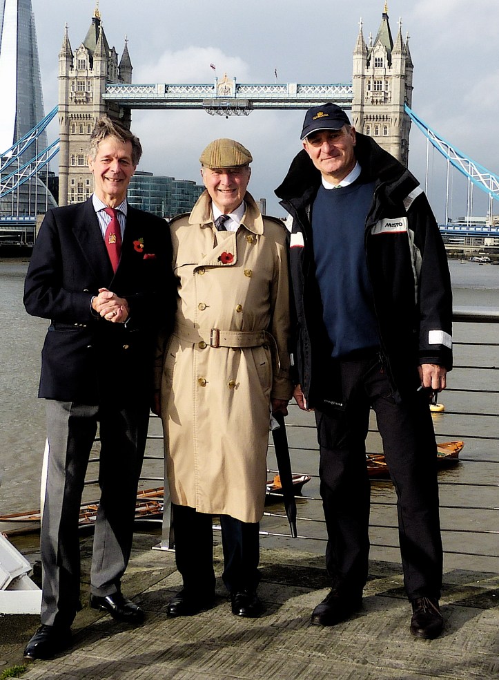 Pic 4. Malcolm Knight (on the right) at a previous event that he was involved with, the river procession for the 2014 Lord Mayor’s Show. He has, as he says, ‘a flair for organising rowing events’. On the left is Peter Warwick, Chairman of Thames Alive and in the centre is Lord Stirling, who initiated the project to build the Queen’s Row Barge, Gloriana.