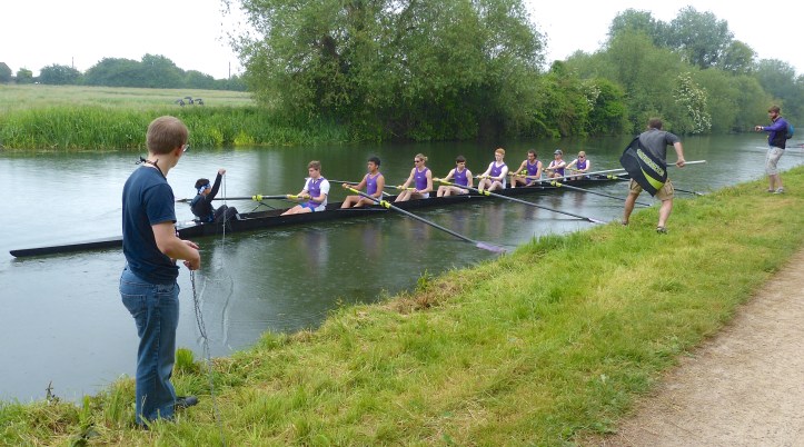 Pic 5. King’s College II in Men’s Division Four are pushed out from the bank on the second cannon by their coach, Chris Smith.