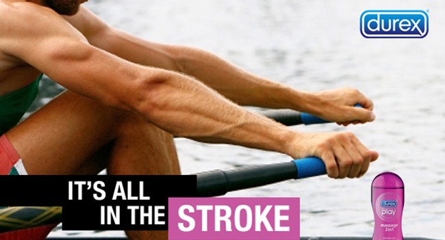 Pic 15. In 2012, the South African arm of condom manufacturers Durex put this picture on Twitter immediately following the splendid win by the country’s lightweight four at the London Olympics. There is also a probably unintended sub-joke for the initiated – who has not put on a new rubber grip on the end of the handle of a sculling blade without giggling? Not just me, I hope. While the ad may be slightly puerile viewed in retrospect, the secret of comedy is, of course, timing.