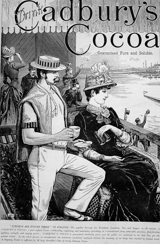 Pic 2. A British ad for Cadbury’s Cocoa dating from 1885. While the text markets it as a drink for athletes needing ‘strength and staying power’, the picture, showing a fashionable Henley type regatta, sells it as something for the wealthy and sophisticated.