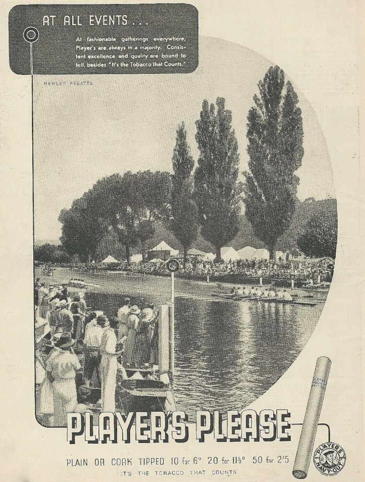 Pic 3b. In 1936, sport and smoking could be associated without complaint. This one shows Henley Royal Regatta, one of the ‘fashionable gatherings’ where Player’s cigarettes ‘are always in a majority’.