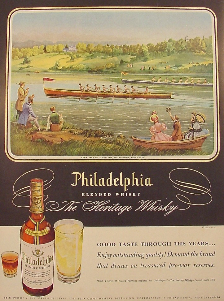 Pic 4. This American ad from 1948 equates rowing with ‘good taste’ by illustrating a race on the Schuylkill River in about 1836. To be fair, I suppose it is not unreasonable to associate Philadelphia with boat racing – especially for a ‘heritage whisky’ that ‘draws on treasured pre-war reserves’.