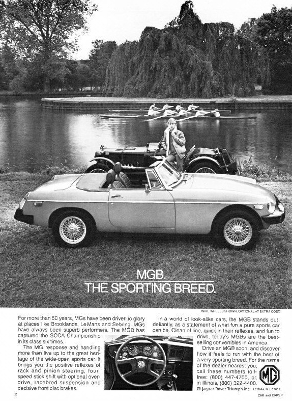 Pic 8. 1980: MG tries to sell to America using the appeal of heritage in both cars and sport. Approaching the end of the island at Henley is a coxed four verses a coxless four race.