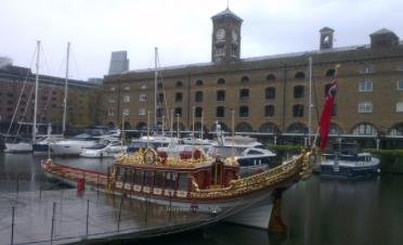Gloriana, the Queen’s Royal Barge, marooned at St Katherine Docks.