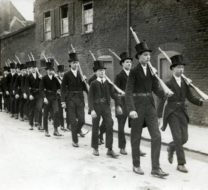 Pic 1. Boys of Eton’s Officer Training Corps at drill, 1915.