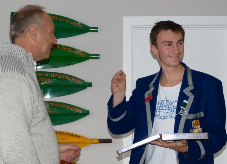 Pic 2. Sir Steve Redgrave, this year’s race umpire and five times Wingfields Champion, with the 2014 and 2015 Champion, Tim Richards. Tim shows the 2015 bar that goes onto the ribbon of his existing medal.