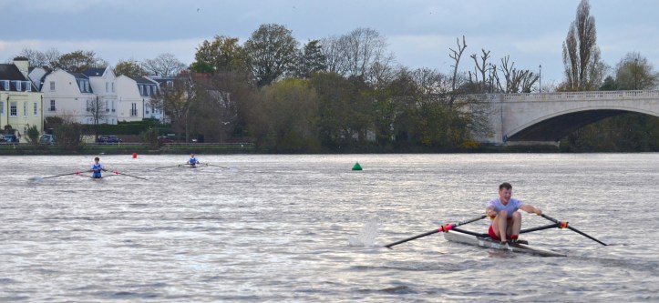 Pic 22. Nearing the finish below Chiswick Bridge: Richards, Hale and Kelly.