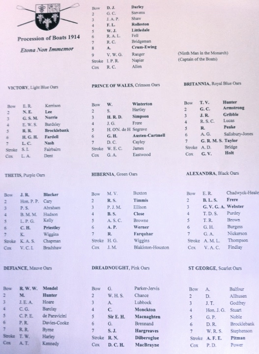 Pic 5. The 2015 version of the 1914 programme. This is a poor picture (click to enlarge) but it is possible to make out the names in bold indicating those that died in the war. Of the 92 boys named, 34, over a third, were killed.