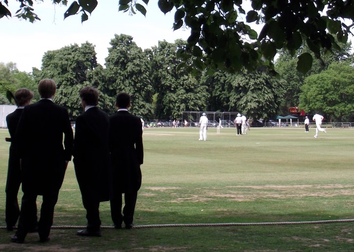 Pic 7. The playing-fields of Eton. Boys v Old Boys cricket match on the ‘Fourth of June’ 2011. Eton summer sport is divided between the ‘Wet Bobs’ who row and the ‘Dry Bobs’ who play cricket.