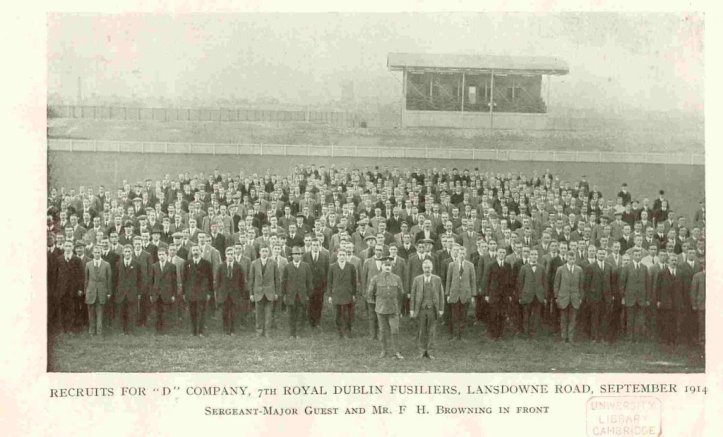 A photograph of the Dublin Pals at the home of the Irish Rugby Football Union before they set off for training at the Curragh. Where’s Ernest? Photo: University Library, Cambridge.