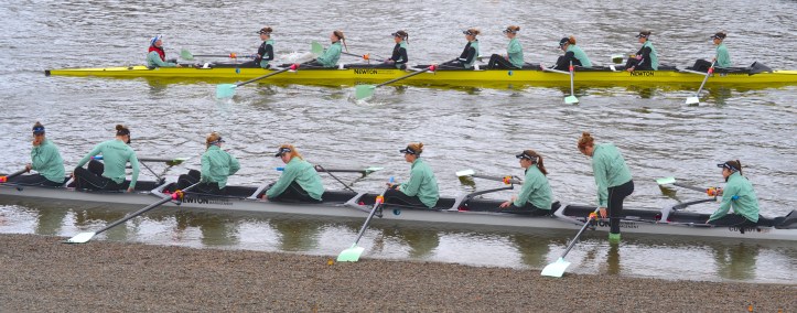 Pic 1. The two Cambridge University Women’s Boat Club (CUWBC) Trial Eights crews for the 2016 Newton Women’s Boat Race. The white boat, stroked by Daphne Martschenko, was christened ‘Tideway’ for the occasion while the yellow boat, stroked by Myriam Goudet, was called ‘Twickenham’.