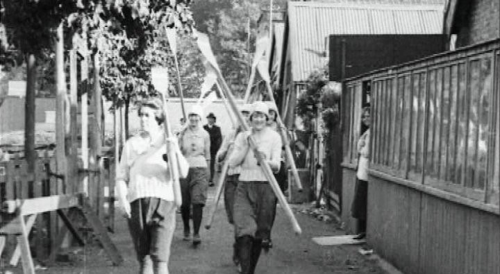 Yvonne Stuart front left before the training row in 1921.