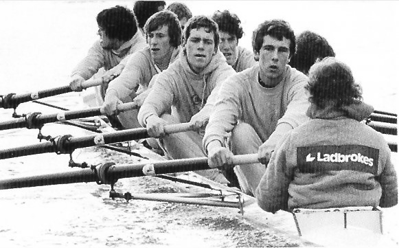 Pic 1. When Hugh Laurie (and seven others) rowed for Cambridge in 1980, it was the fourth time that the race had been sponsored. This picture must have taken during training as, until 2012, the sponsor’s name or logo (in this case Ladbrokes) was not displayed on kit or equipment during the race itself.