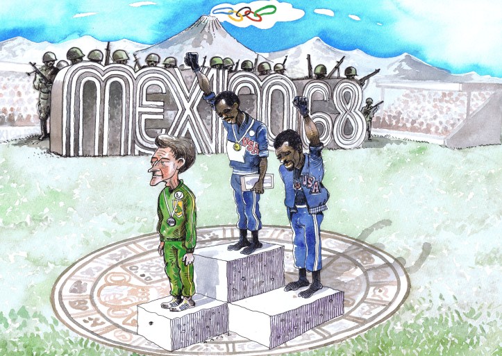 The famous protest on the 1968 Olympic 200m medal podium. Illustration by Chris Grosz.