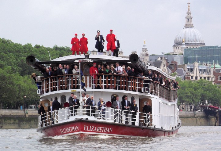 Watermen are amongst both passengers and crew as the P.S. Elizabethan follows the 2012 Doggett’s Coat and Badge race.
