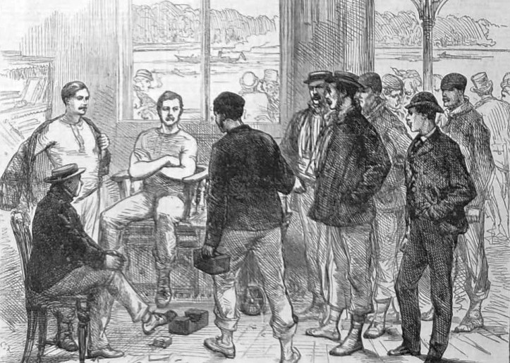 Pic 1. The 1874 Boat Race weigh-in, probably at London Rowing Club. The average weight that year was 11 stone 11 pounds which equates to 165 lbs or 74.84 kgs – almost the same as the 2016 Cambridge women’s crew.