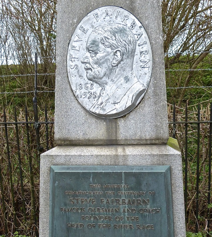 Pic 1. From the Mile Post, the man who founded the Head of the River Race in 1926, Steve Fairbairn, keeps any eye on his creation. ‘Steve’ claimed that ‘It is not a race, it is merely a means of getting crews to do long rows’.