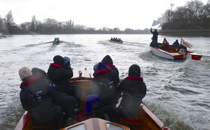Pic 4. The Cambridge women’s trial boats at the end of Putney Embankment.