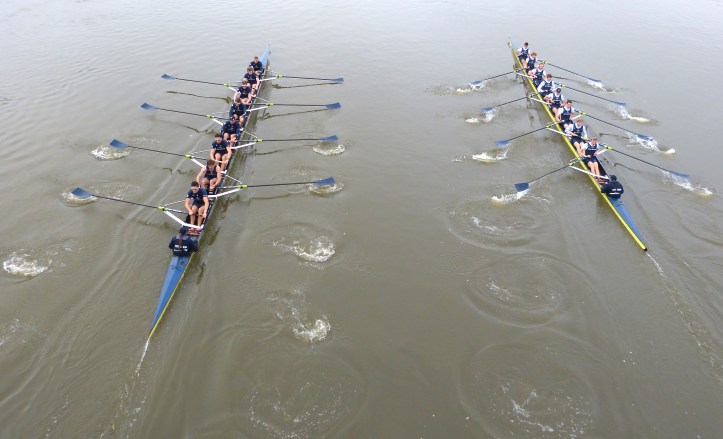 Pic 6. The Oxford trial boats shoot Hammersmith Bridge.