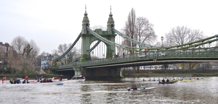 Pic 7. The Cambridge trial crews and the following entourage at Hammersmith.