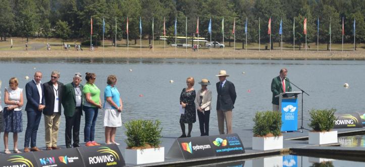 Caption: From right to left: Ray Ebert [RQL], NSW Governor – General David Hurley and his wife, the Mayor of Penrith, and Anne Tucker in NSW colours of light blue, the first recipient on the day, receiving Pin 71 for her father Nimrod Greenwood.