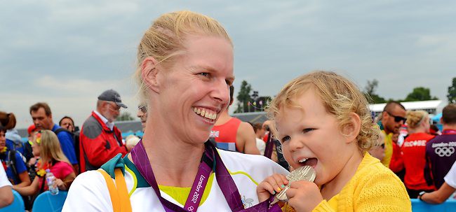 Sarah Tait and her daughter Leila at the London 2012 Olympic Games. Photo: Rowing Australia website.