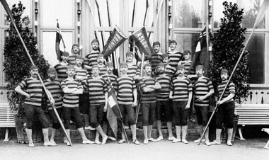 From a prize ceremony in 1886. Malmö RK's members are wearing yellow and dark blue shirts, blue shorts and blue caps.