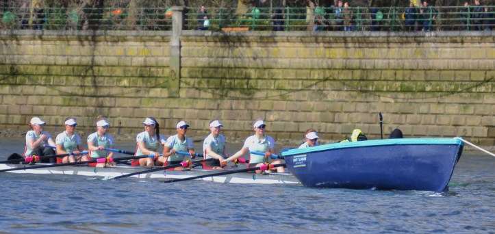Pic 13. On the stake boat, Cambridge indulging in some last minute bonding.