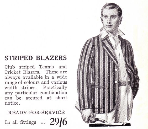 Pic 2. An advertisement for sports club blazers from the 1930s. The cost, twenty-nine shillings and sixpence, was less than £1.50.