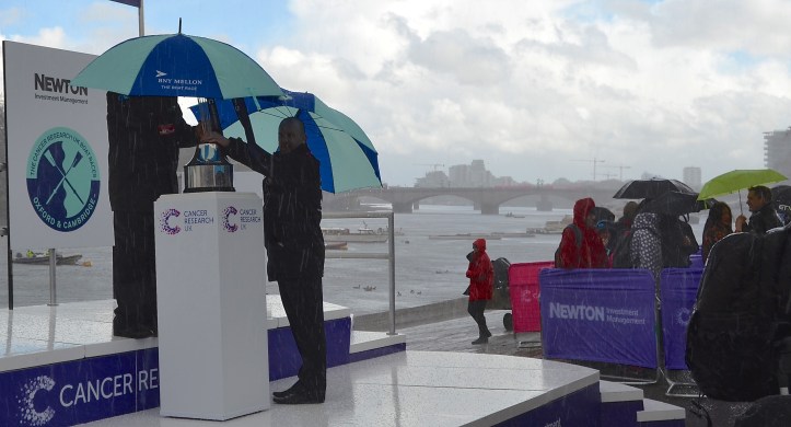 Pic 3. At 2pm there was a heavy shower. The trophy for the men’s race is sheltered from the elements.