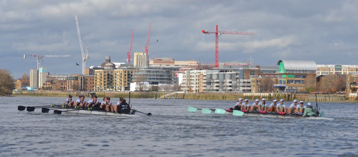 Pic 3. + 3 min 08 sec: Both coxes steered well, the parallax error inherent in photographing from behind and to the side here making Oxford look further ahead than they were. The Dark Blues were four seats up at the Mile Post but both crews were given a time of 4 min 13 sec.