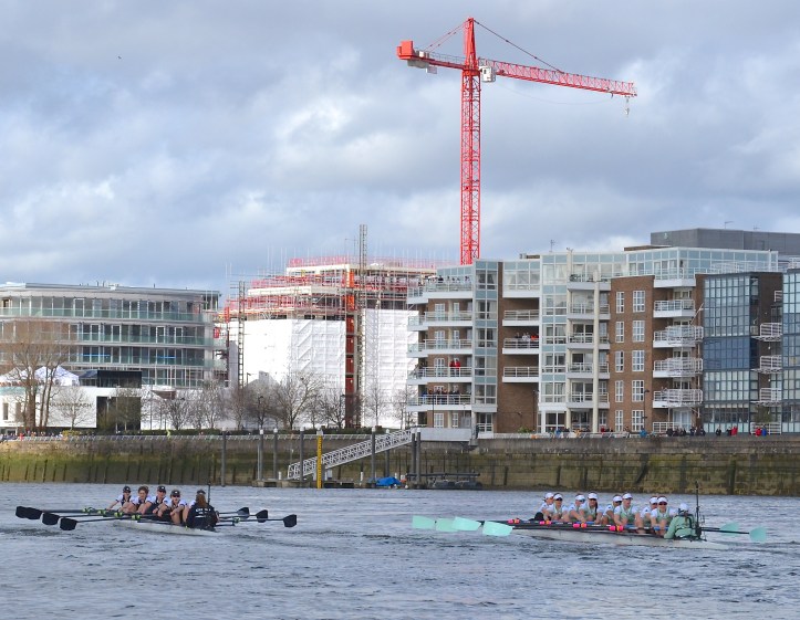 Pic 4. + 5 min 28 sec: At this point, Oxford were six seats up and, as the crews approached Harrods, just downstream of Hammersmith Bridge, they had stretched out their lead to around three quarters of a length.