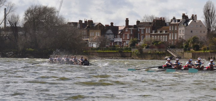 Pic 9. + 10 min 13 sec: Below Chiswick Eyot, Oxford cox Morgan Baynham-Williams decided to steer for calmer water beside the little island and switched stations to Middlesex. 