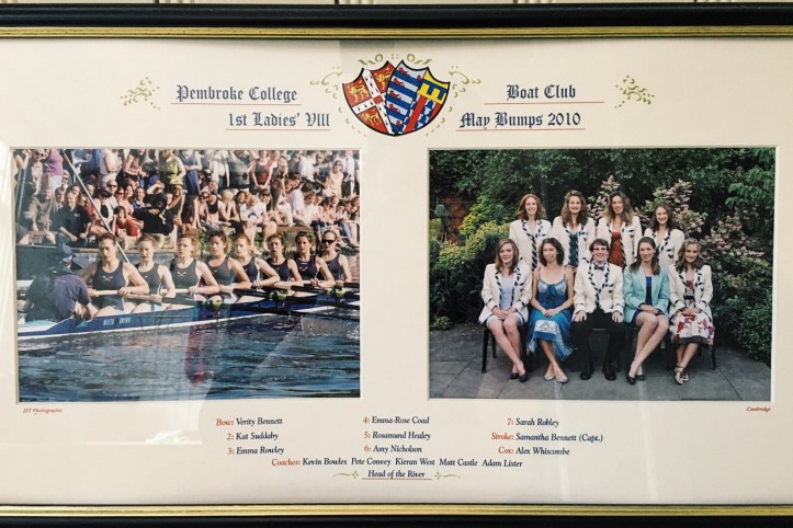 Picture 1 : Of great inspiration to us, are the frames hanging around the women’s room – this one depicts the last PCBC women’s crew to hold the May Bumps headship. The woman in the beautiful blue CUWBC Blazer – Samantha Deacon – will be coaching W1 this term.