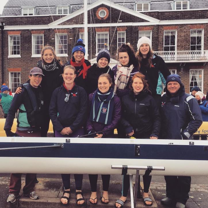 Caption 1 - Business on top, party down below as the PCBC women prepare to take on WEHoRR. The author is the one with the optimistic sunglasses. Photo: James Roberts, our valiant cox.