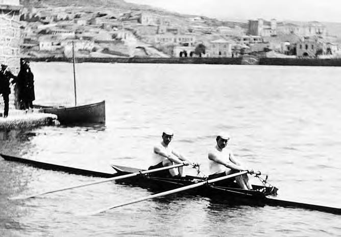 The German double scull with Berthold Küttner and Adolf Jäger. The photographer Albert Meyer from Berlin shot this picture in Neo-Phaleron, where the rowing events should have taken place. On this particular day the sea was calm. Photo: Journal of Olympic History.