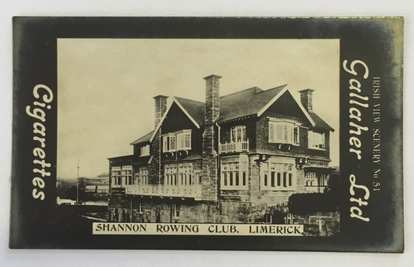 No. 51 of a series of 600 cards called ‘Irish View Scenery’ featuring a real photograph of Shannon Rowing Club, Limerick, issued by Gallagher Ltd, Belfast, between 1908 and 1910.