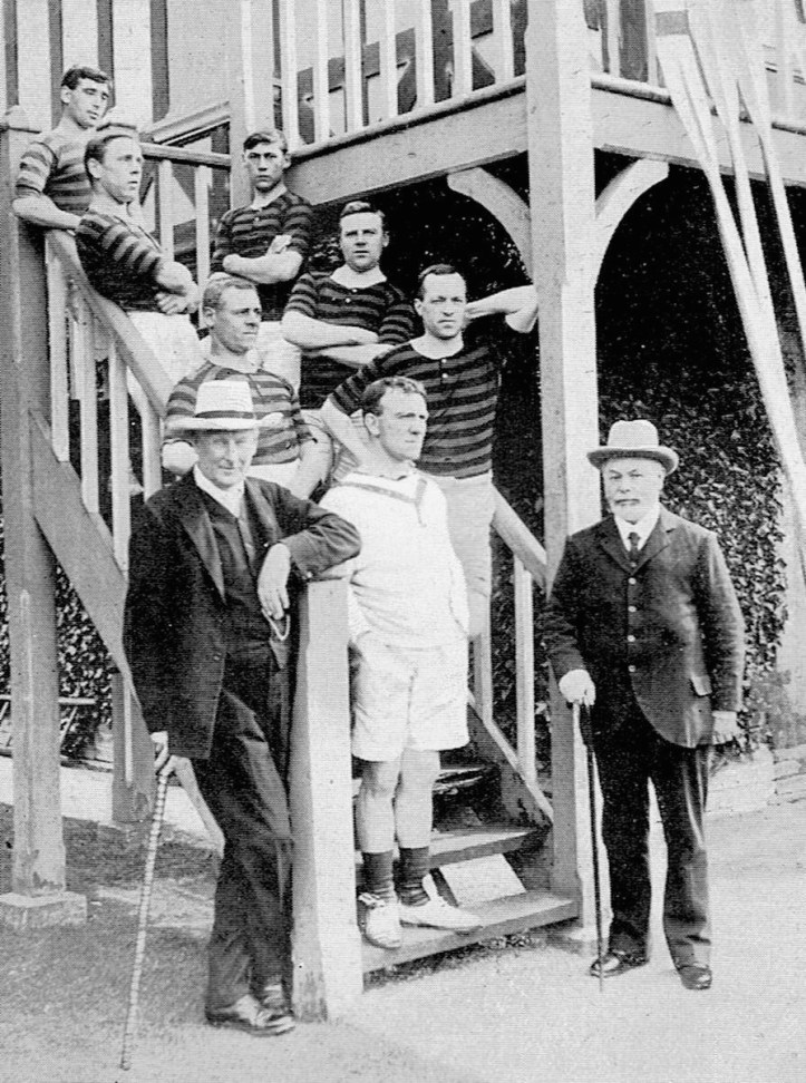 Pic 18. Some Stratford BC worthies including, on the far left, the President, Rev Francis Hodgson, and, standing on the bottom step, AB Smith, the Captain who appealed to ladies and old rowing men to help rescue provincial rowing.